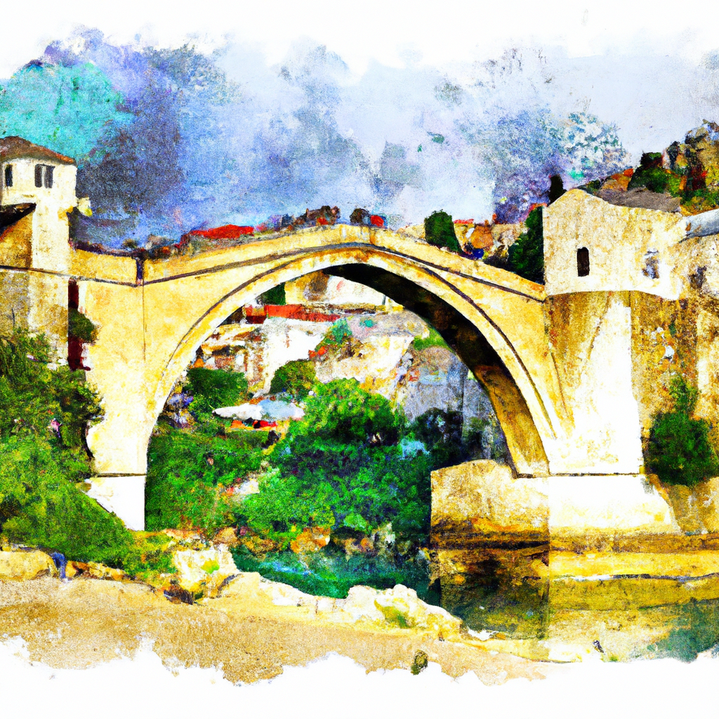 illustration of Mostar bridge, Bosna and Hercegovina, watercolor